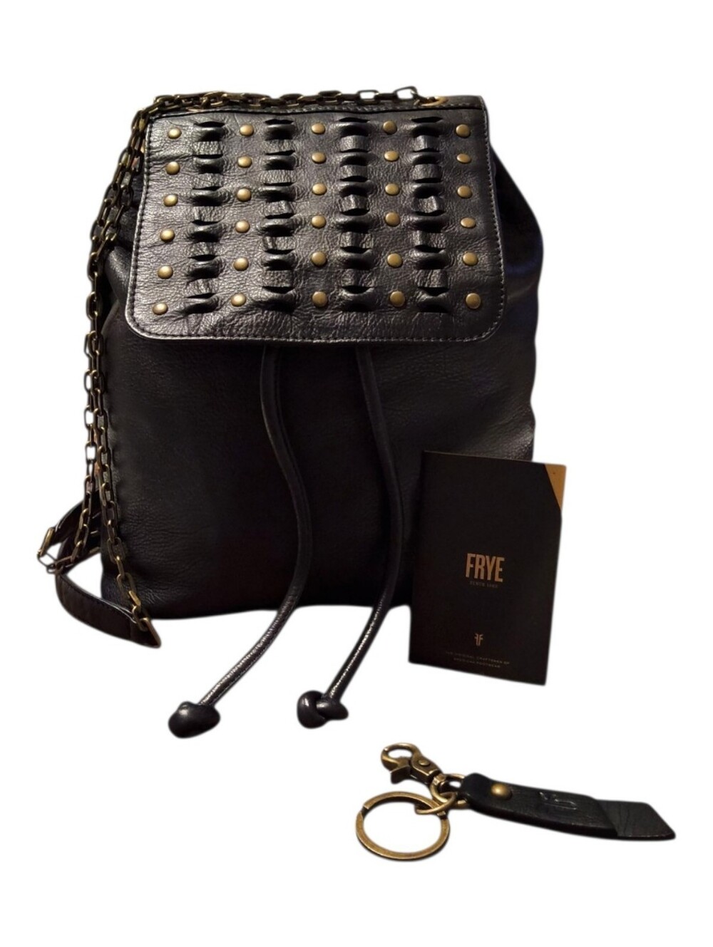 FRYE Erica Studded Black Leather Drawstring Backpack Chain Bag